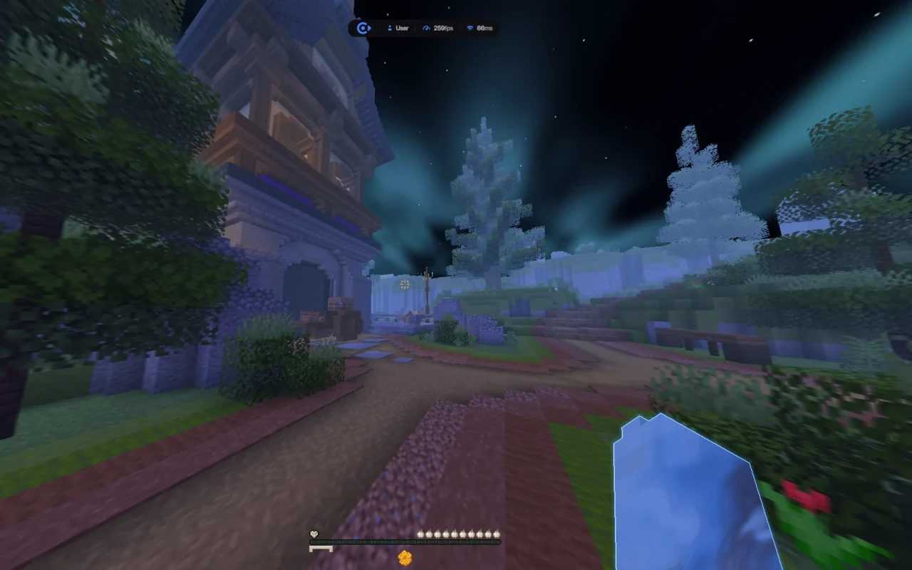 WiosVisuals running in Minecraft — watermark and ambience at night